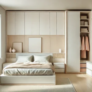 A clean well organized bedroom with minimal furniture and neutral tones