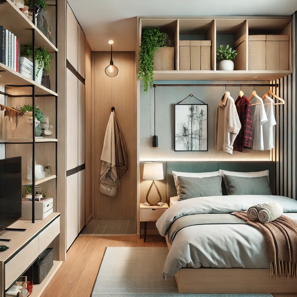 A well organized-modern small bedroom that looks spacious and stylish with smart storage solutions and a contemporary design