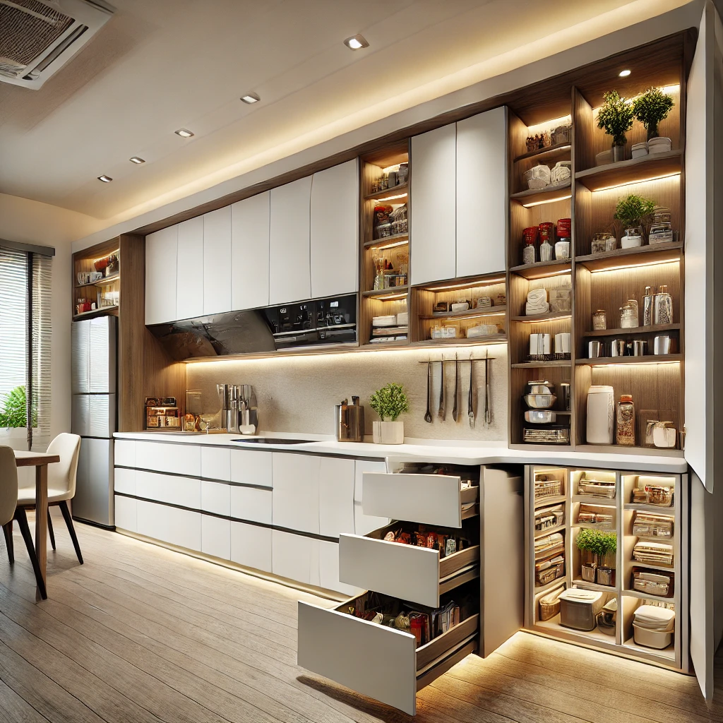 A modern Indian kitchen with smart and space saving features.