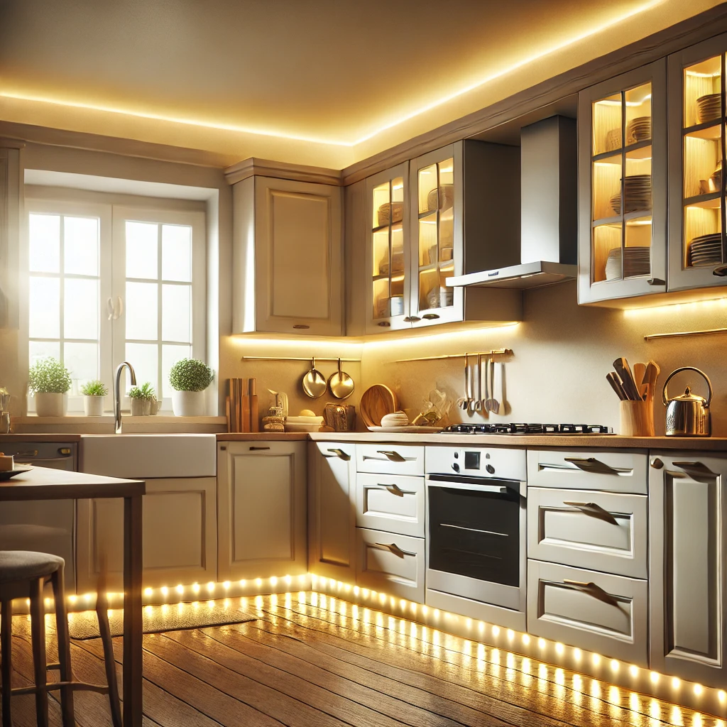 A well lit kitchen with LED under cabinet lighting.