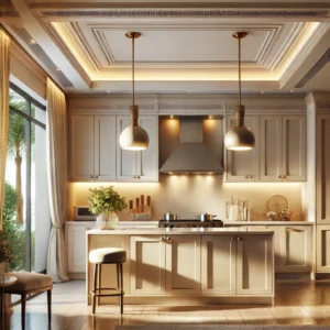 A stylish modern Indian kitchen illuminated by recessed ceiling lights and two pendant lamps hanging over a small island.
