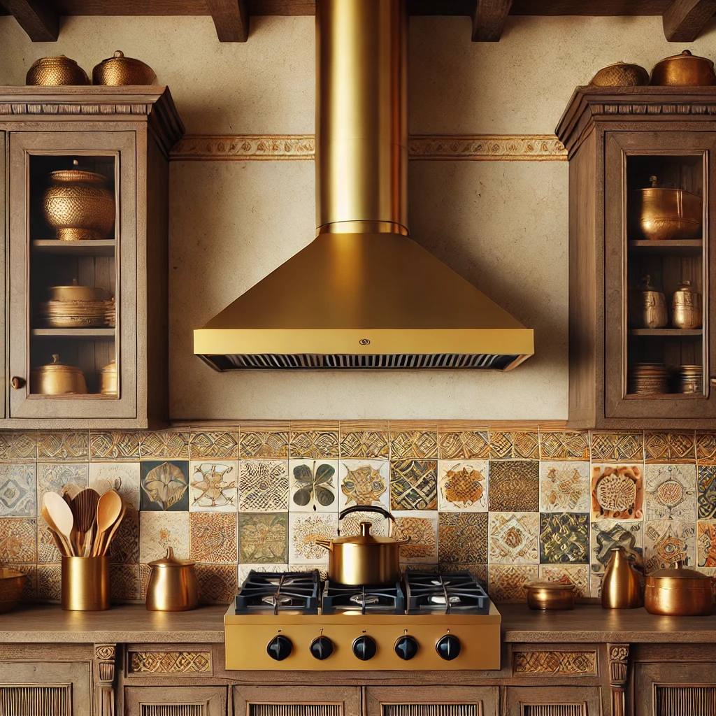 A traditional Indian kitchen with a modern chimney blending into the decor.
