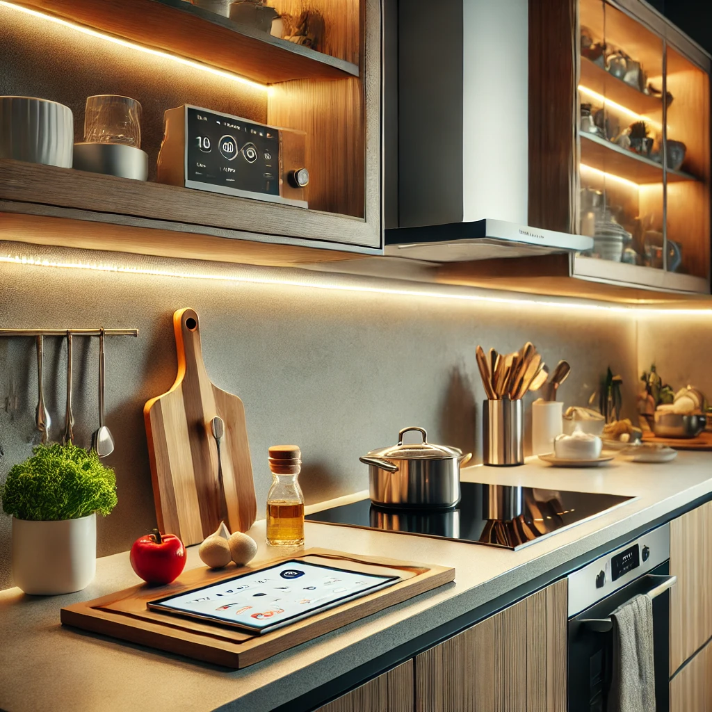 A kitchen counter with well lit under cabinet LED strip lights.