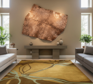 image of custom pieces. a large, asymmetrical, hand-hammered copper wall sculpture—a modern interpretation of an ancient metalworking technique—as the living room's centrepiece. paired this with a bespoke, hand-tufted wool rug featuring a muted colour palette of ochre and sage.