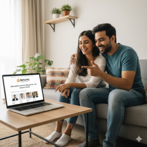 homeowner happily checking affordable interior designers online