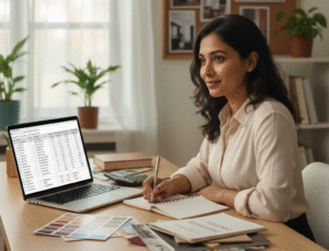 image of a lady homeowner diligently planning her 2BHK interior budget.