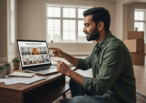 image of a new Indian homeowner thoughtfully utilizing free AI tools to design his new home.