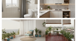 image showcasing a low-cost kitchen, bathroom, and balcony designed for Indian homes, prioritizing affordability and functionality.