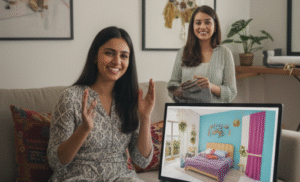 Indian couple talking to various interior designers