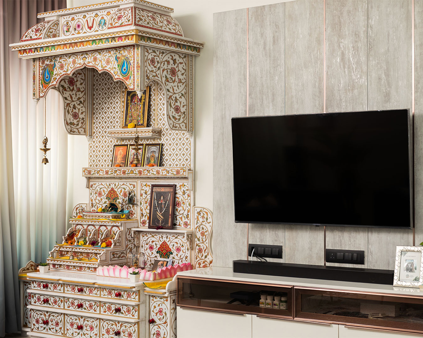 pooja room interior design and living room